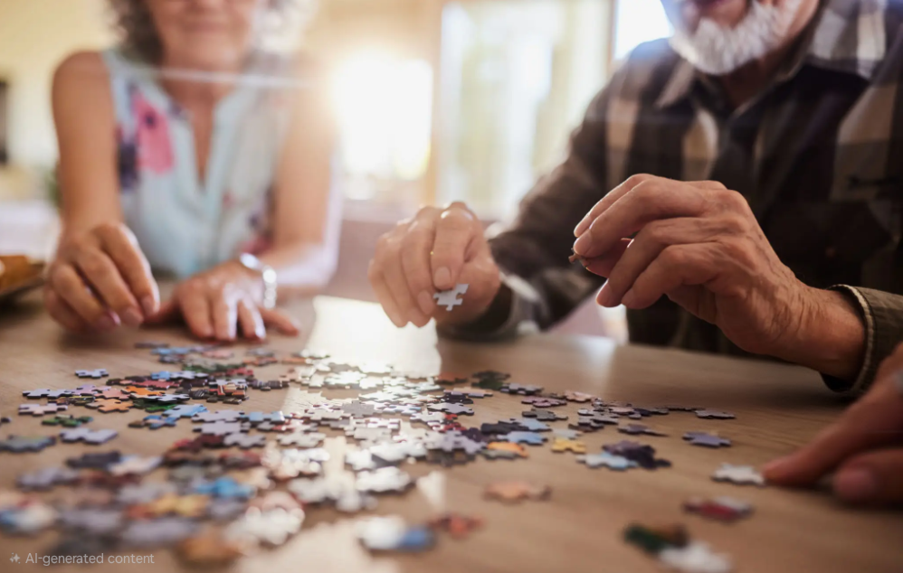 Two elderly people solving a jigsaw puzzle on a wooden table, with scattered puzzle pieces around.