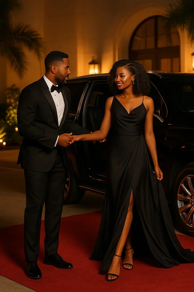 A man and woman dressed in formal evening attire holding hands outside a building at night, near a black luxury car.