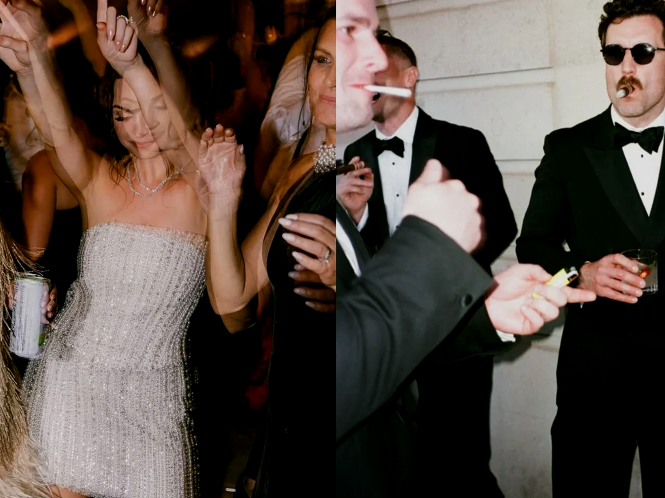 People dancing and drinking at a party on the left, and men dressed in tuxedos with cigarettes and drinks on the right.