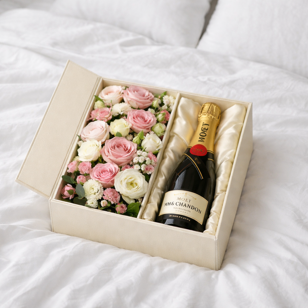 A gift box with pink and white flowers and a bottle of Moët & Chandon champagne, lined with satin fabric inside, placed on a white bedsheet.