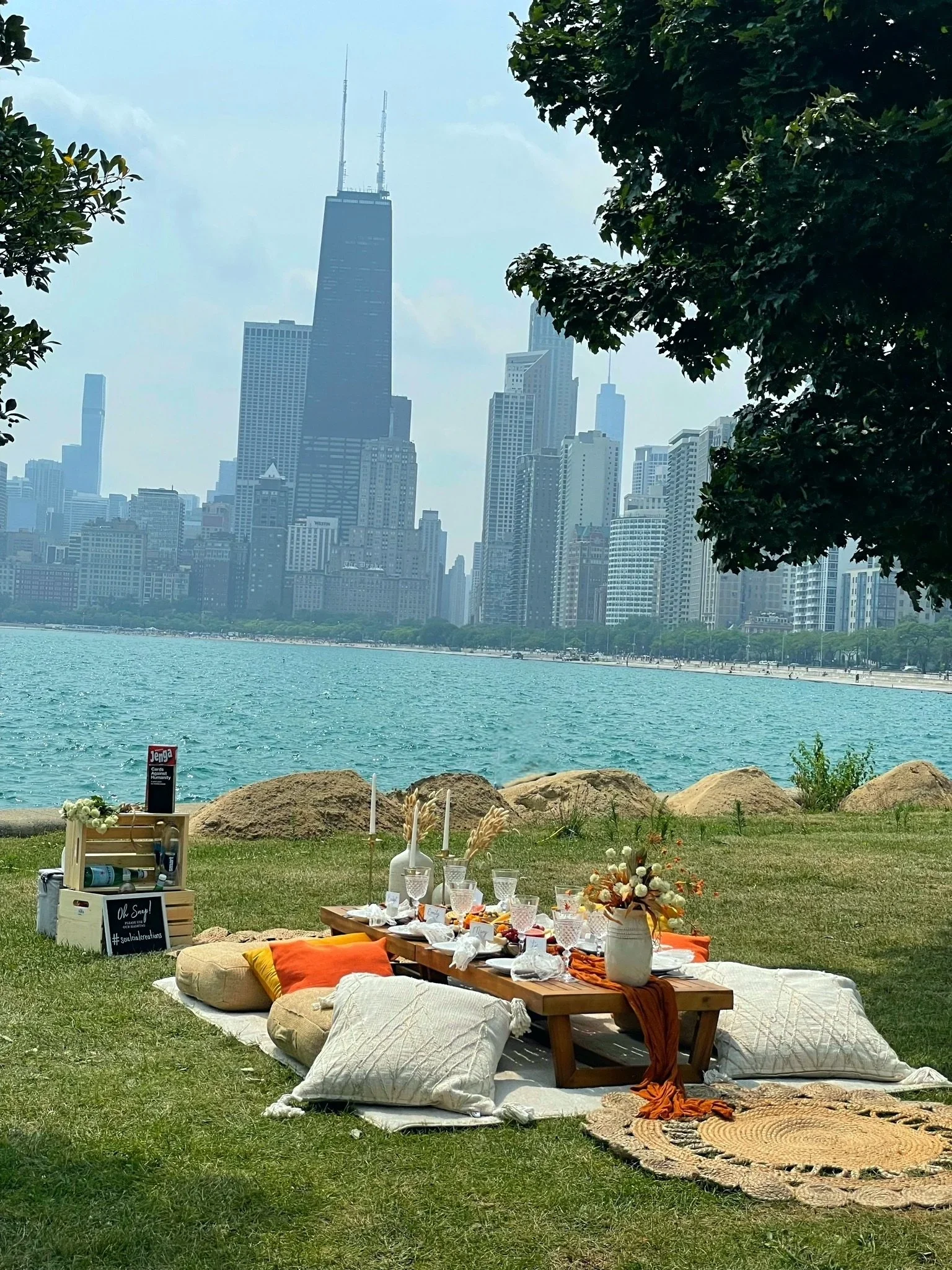 A picnic setup on a grassy area near the water with a city skyline in the background, featuring tall buildings including the Willis Tower, trees framing the view, and a decorated table with plates, glasses, candles, flowers, pillows, and rugs.