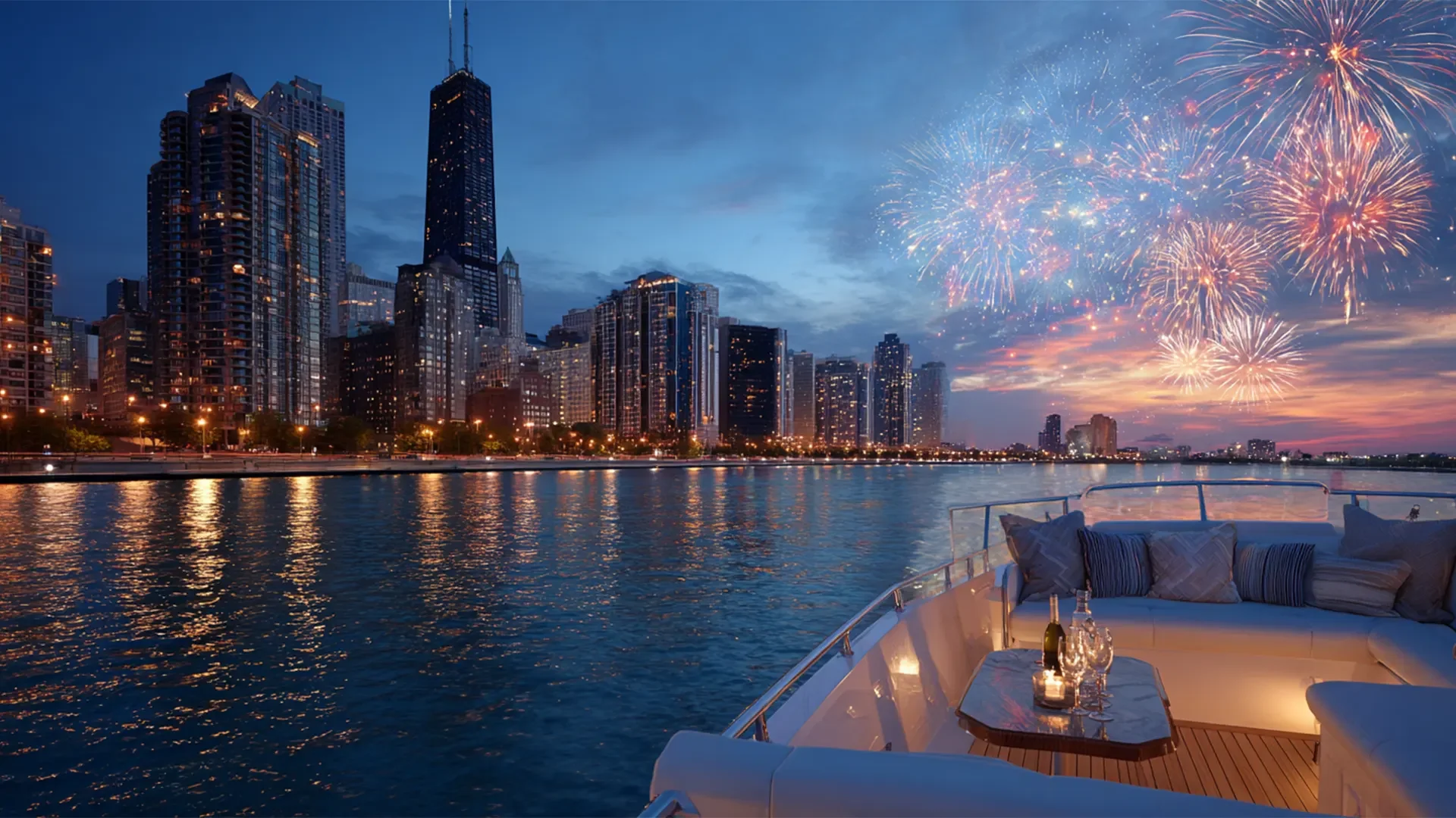 A city skyline with tall buildings at dusk, fireworks in the sky, and a boat with a lounge area and a table set with drinks on the water.