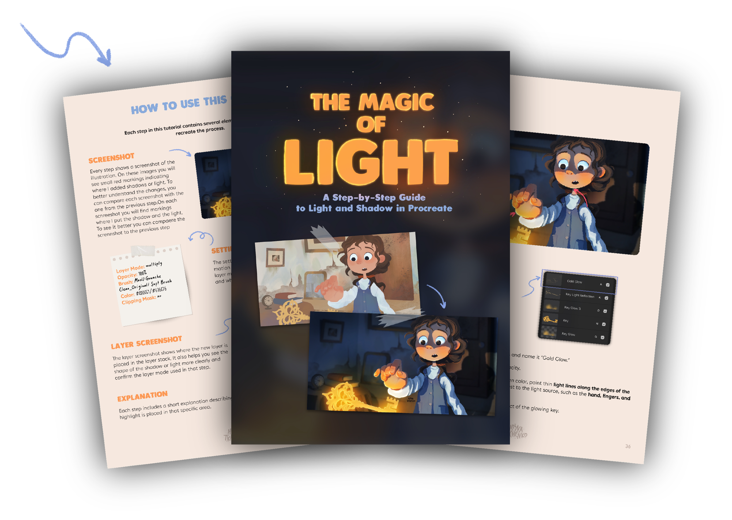 Mockup of "The Magic of Light," a step-by-step Procreate lighting tutorial PDF with illustrations, diagrams, and painting techniques.