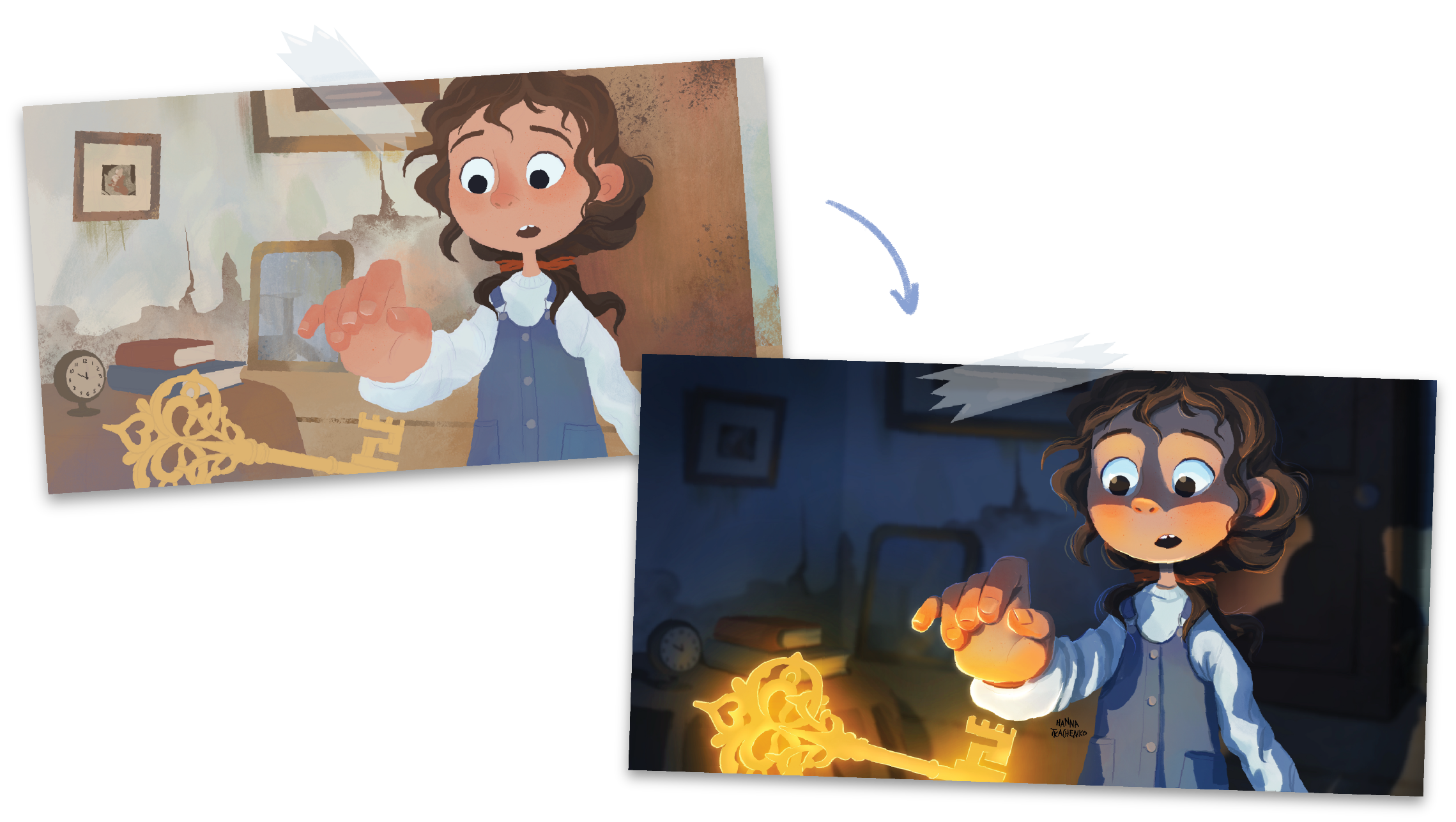 Digital illustration of a surprised girl reaching toward glowing magical keys in a dark room, demonstrating lighting and glow effects in Procreate.