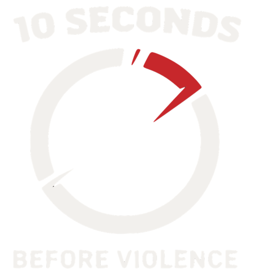 A graphic of a timer counting down from 10 seconds with the text '10 seconds before violence' at the top and bottom.