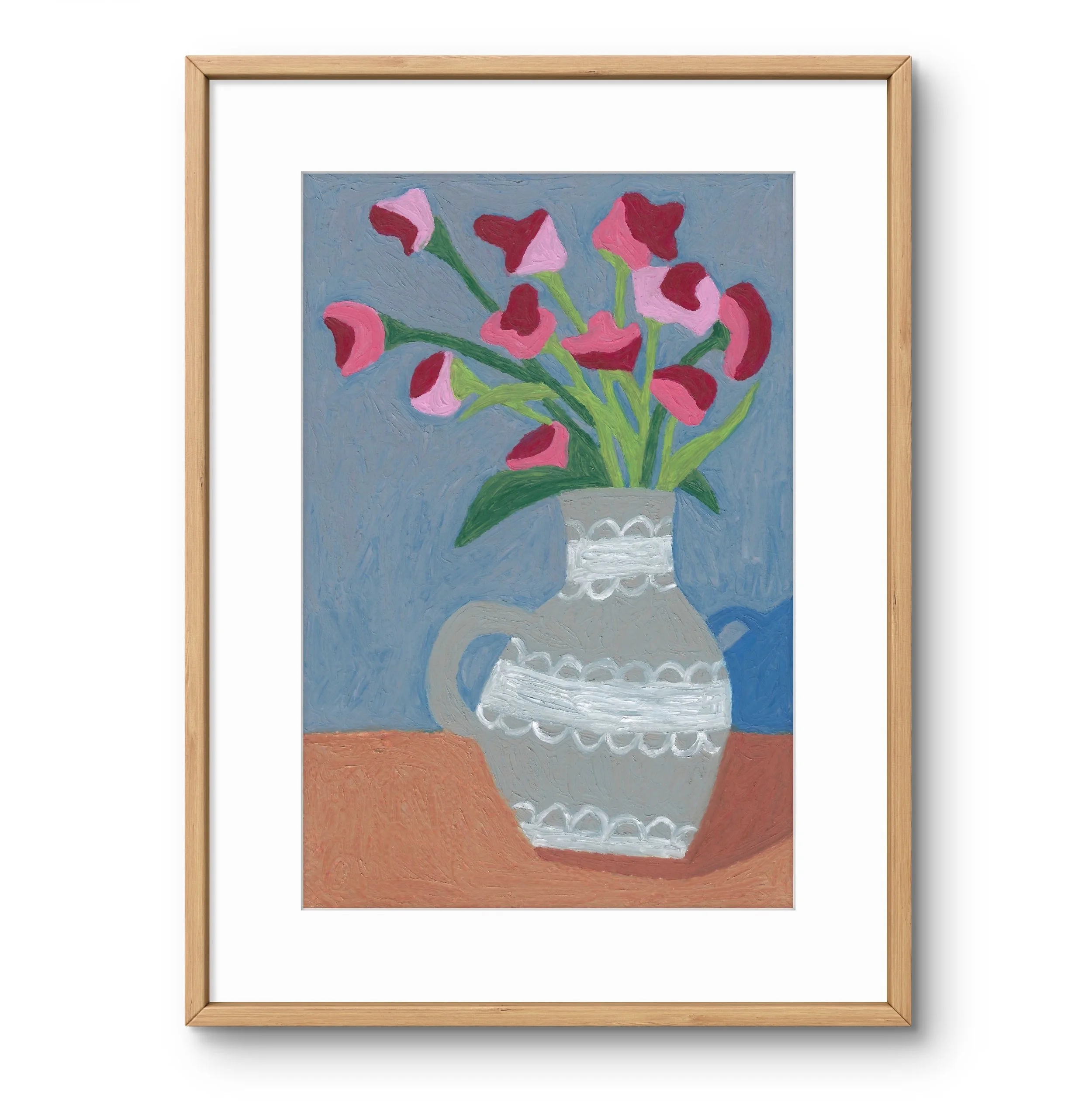 Pink flowers, Lacy vase, 6x9"