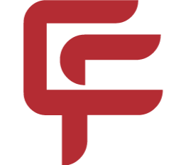 Abstract red and black geometric design with stylized letter 'C' and 'F".