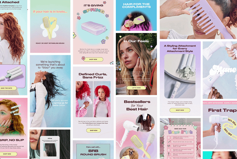 Collection of beauty and hair care product advertisements, including brushes, styling tools, and hair accessories, with models showcasing products and promotional text.
