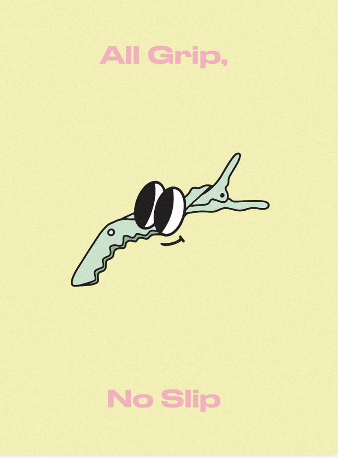 A cartoon illustration of a green alligator wearing sunglasses, with the phrase "All Grip, No Slip" in pink text above and below the alligator.