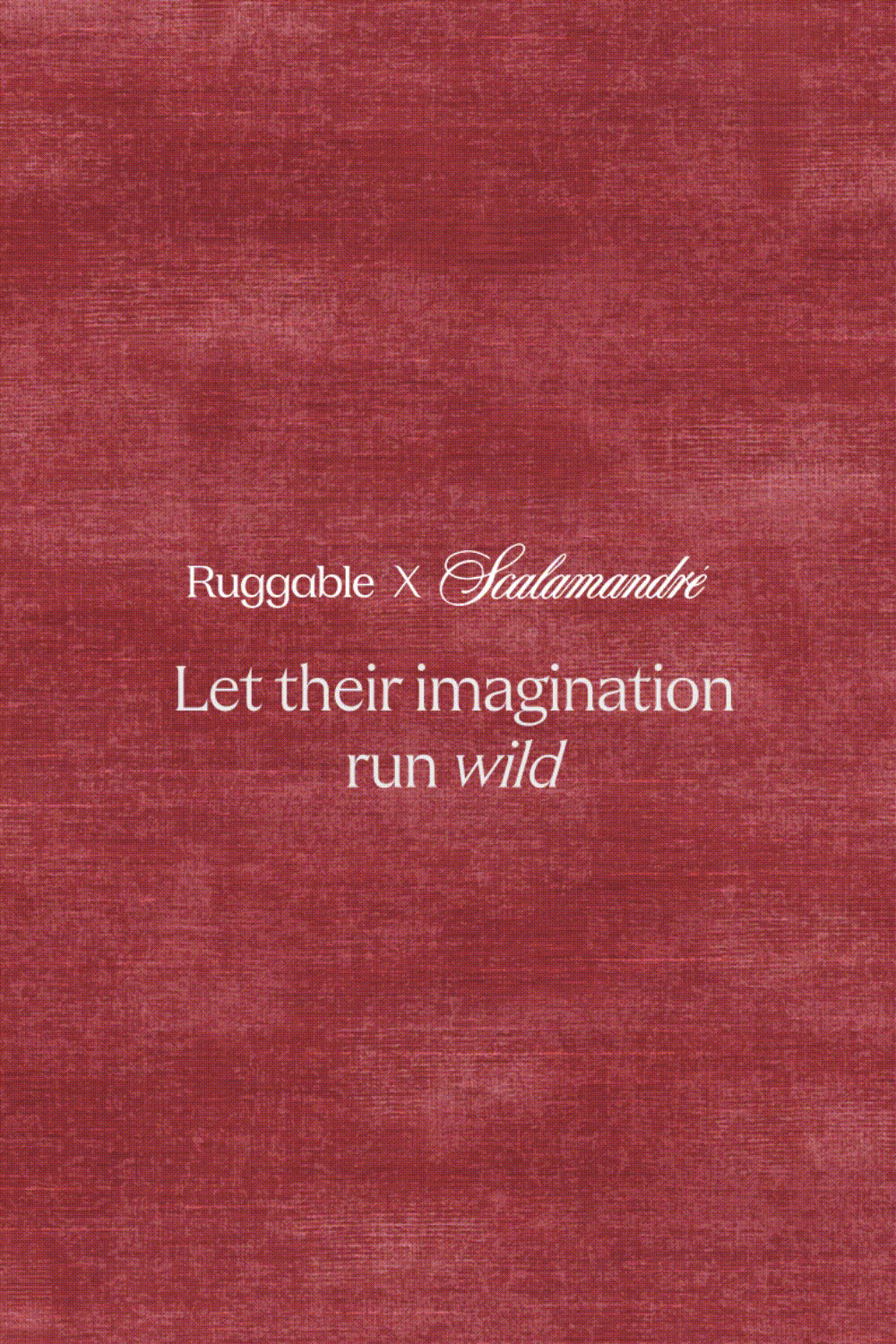 Text on textured red background reading "Ruggable x Scalamandré, Let their imagination run wild".