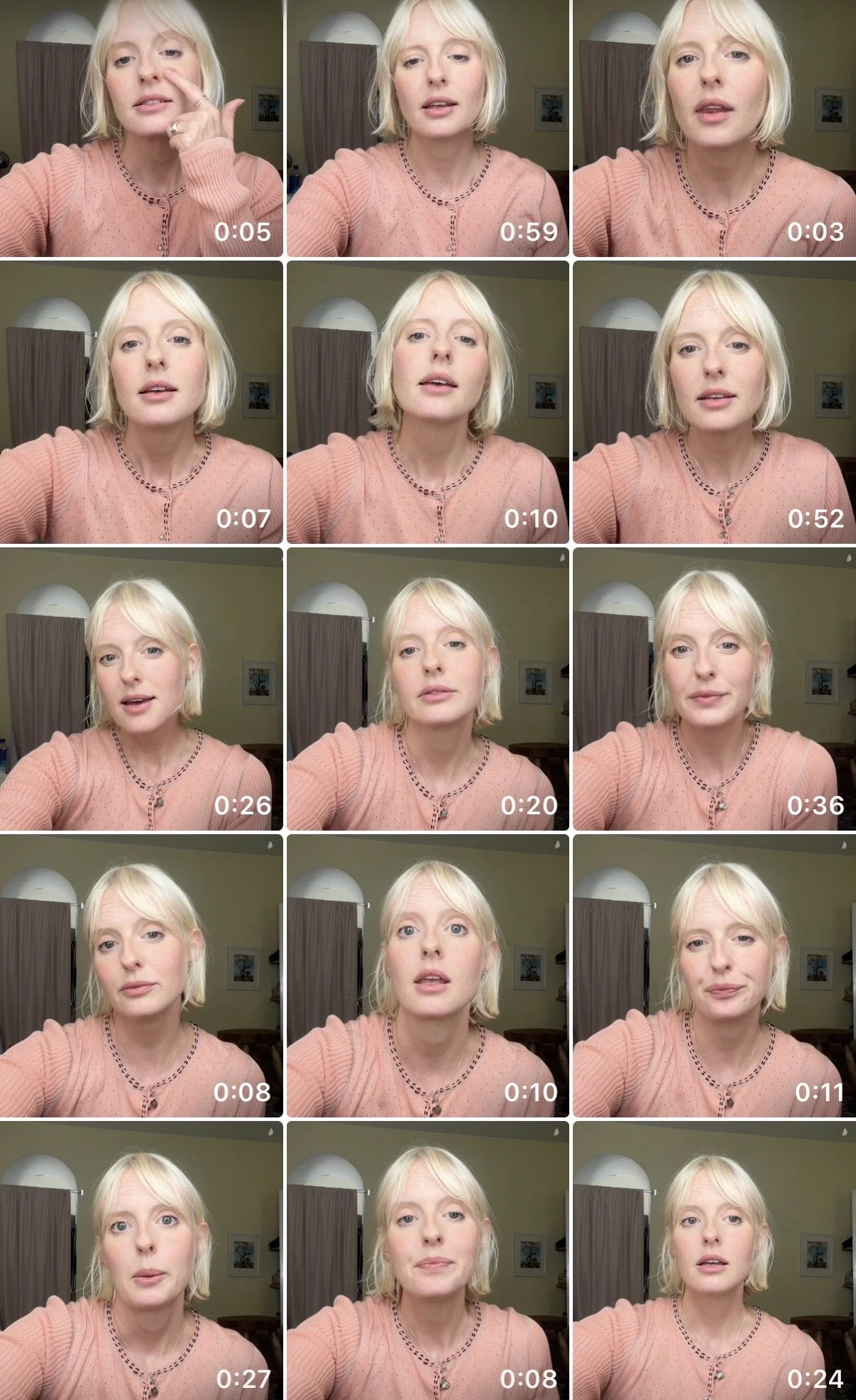 A woman with blonde hair wearing a light pink sweater in front of a yellow wall with a framed picture, curtain, and a lamp in the background, appearing in various facial expressions across a video collage.