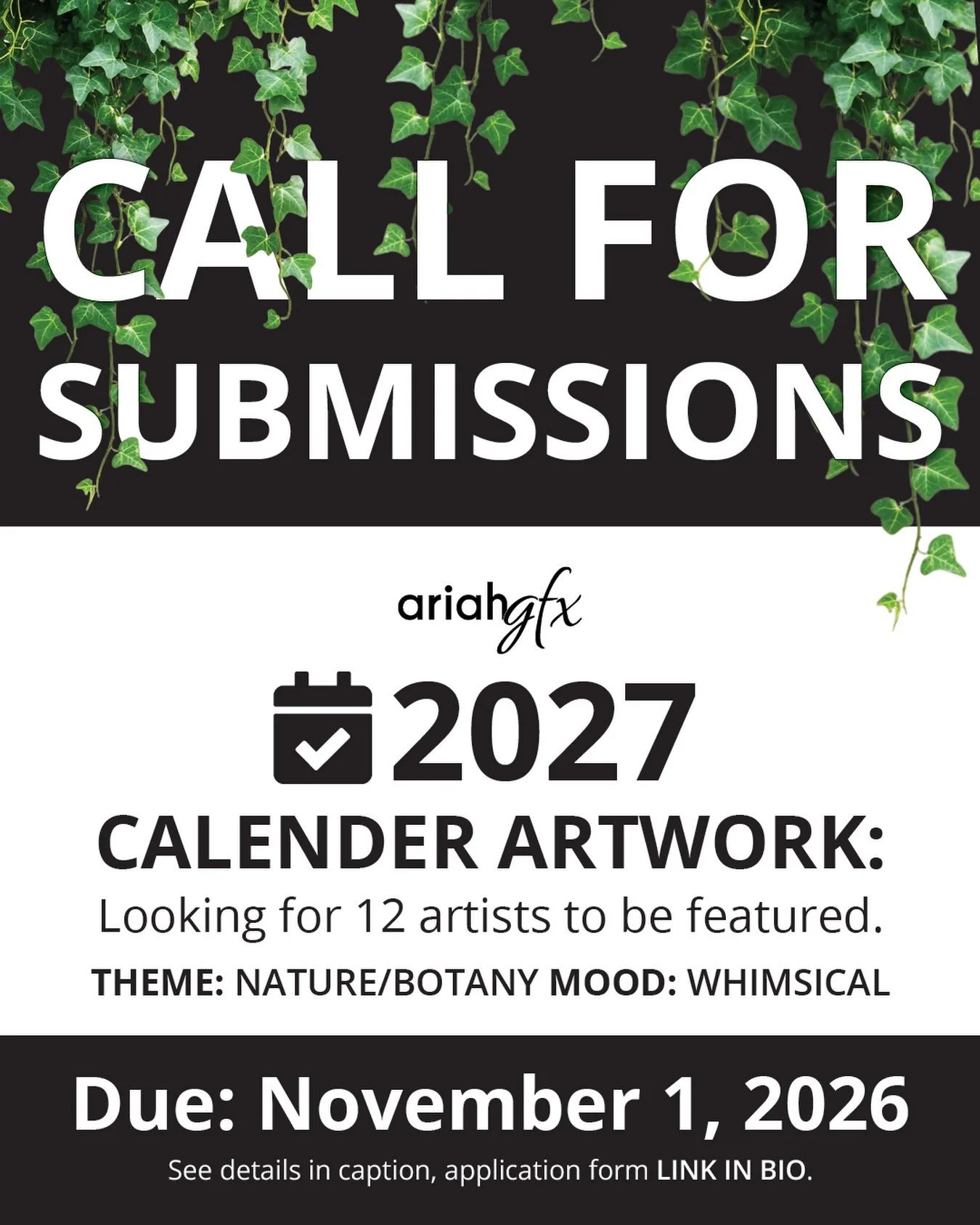 Creators &amp; Artists! 👩🏽&zwj;🎨 I am looking for 12 artists to be featured in a themed 2027 Calendar. 📅 

Requirements:

Theme: Nature/Botany/whimsical mood(Broad). Can be new or old and in any art style or form as long as a quality photo can be