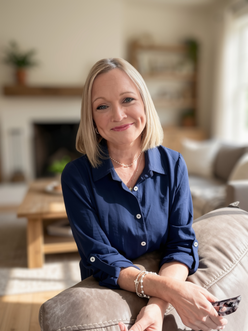 A photo of Jenni Berry with shoulder-length blonde hair, wearing a navy blue blouse, is sitting on a beige sofa in a bright living room with a smile.