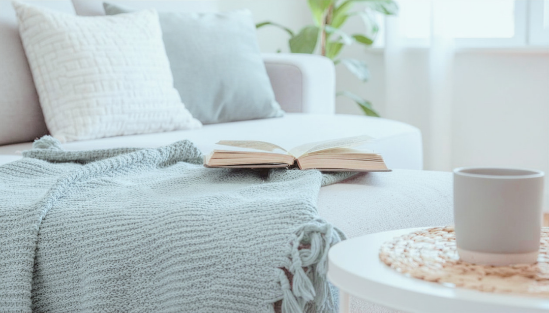 Living room with a white couch, gray and white pillows, open book, light gray knitted blanket, white coffee table with a white cup, bamboo coaster, and a green plant near a window with sheer white curtains.