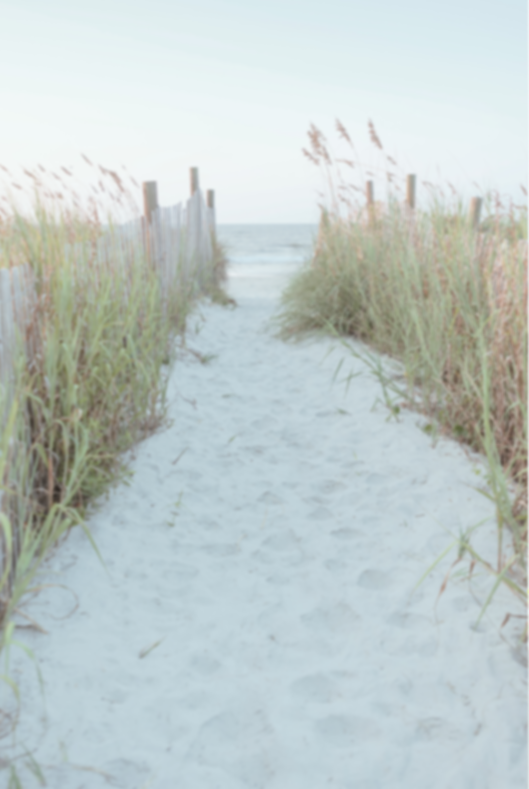 A sandy beach pathway leading to the ocean, flanked by tall beach grass, with a cloudy sky above.