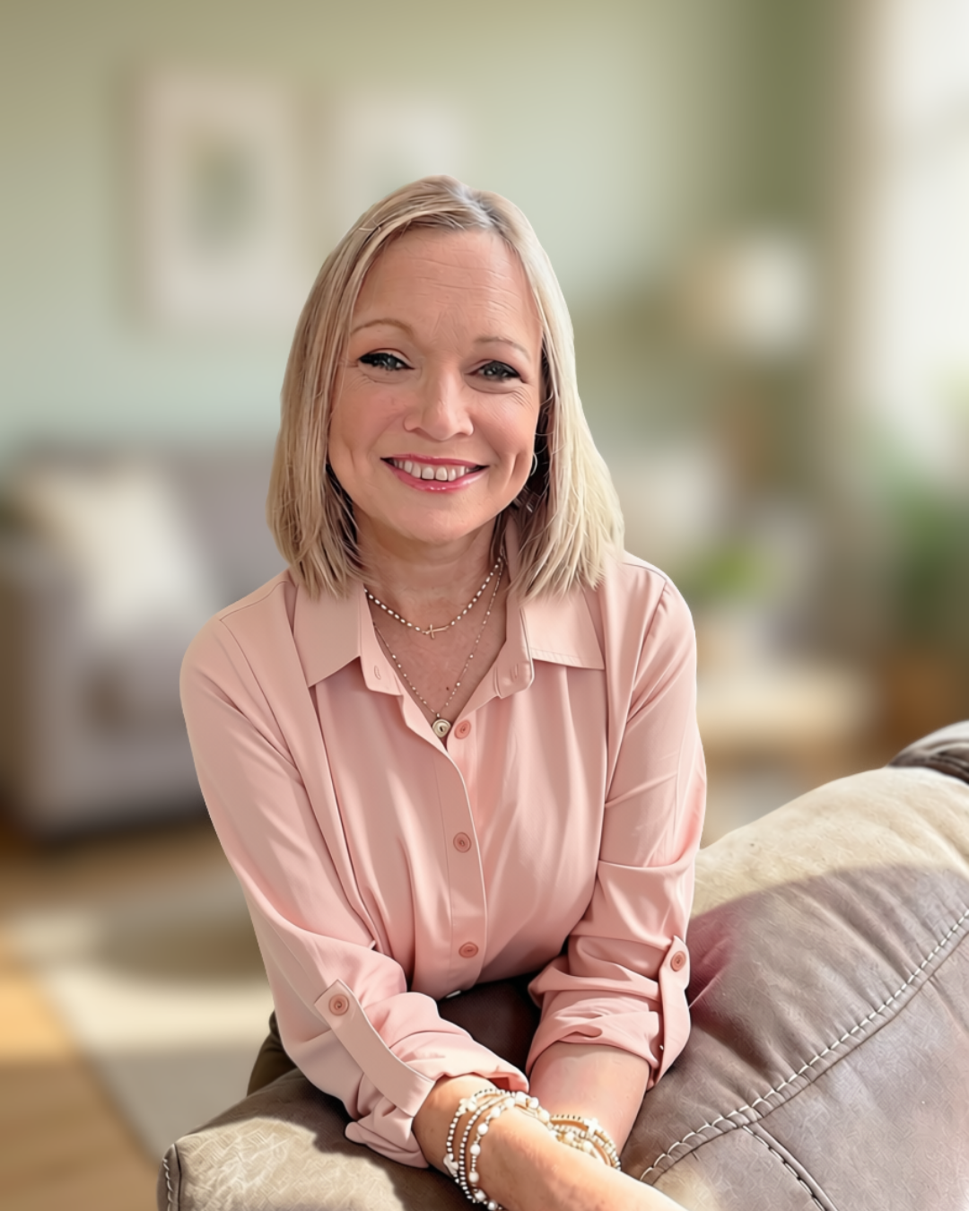 A woman smiling, sitting on a couch in a well-lit living room.