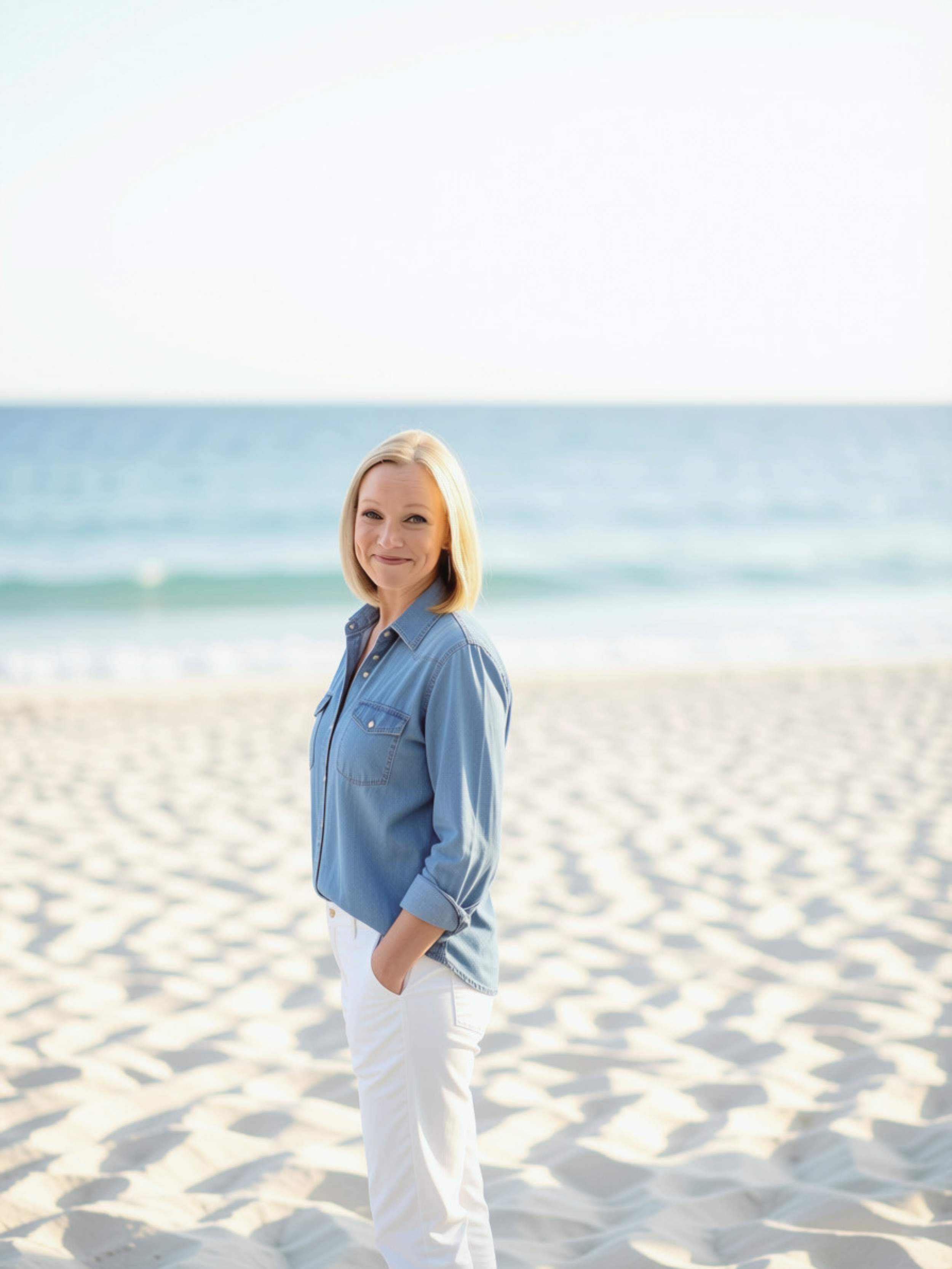 Woman on the beach in a denim shirt and white pants