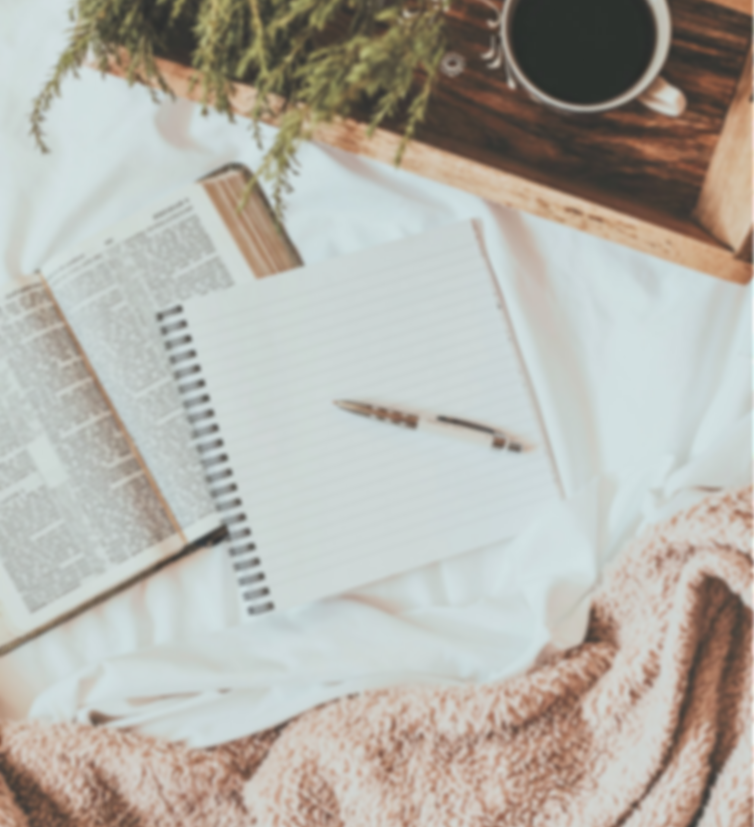 Open book on a table with a potted plant, a mug of coffee, and a granite countertop.