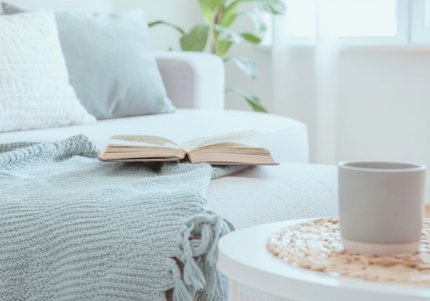 Open book on a cozy white sofa with textured throw blanket and pillows, next to a white mug on a woven placemat, in a bright living room with natural light.