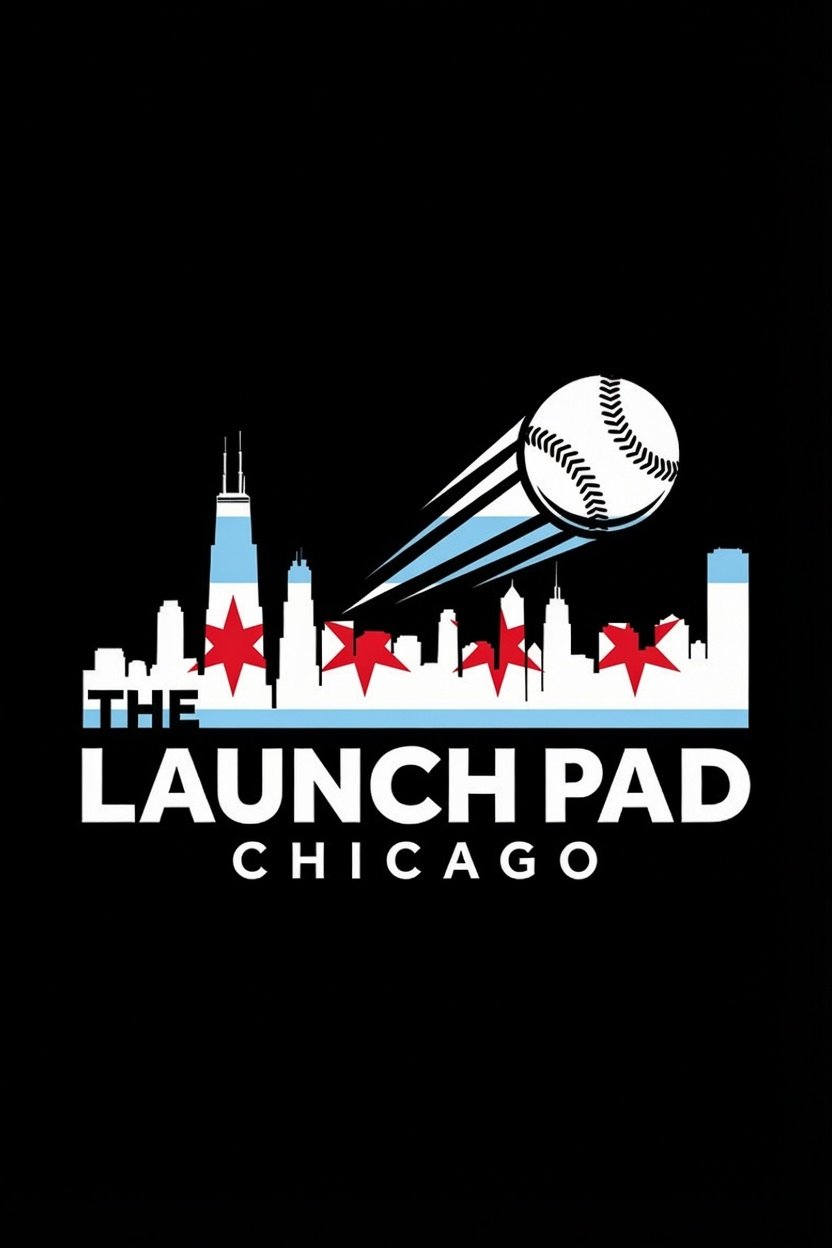 Logo of The Launch Pad Chicago featuring a stylized city skyline, a baseball with motion lines, and red stars, with text indicating it is based in Chicago.