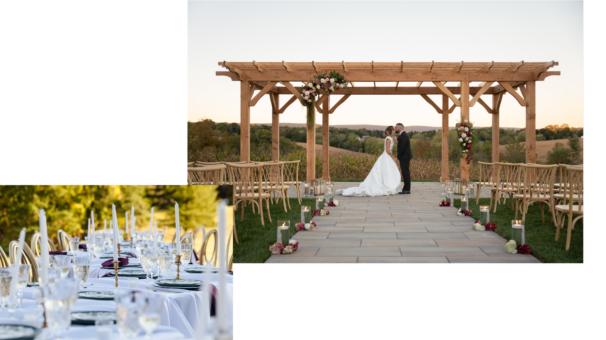 A couple getting married outdoors under a pergola with floral decorations, overlooking a scenic landscape with trees and fields during sunset.