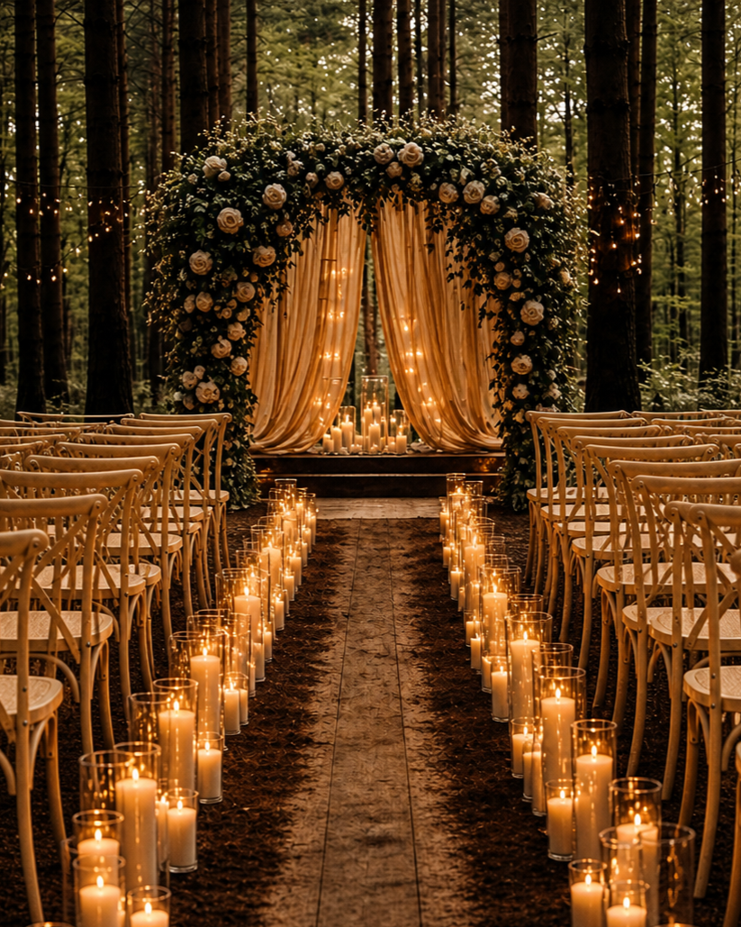 Outdoor wedding ceremony setup in a forest with chairs, candles, floral arch, curtains, and string lights.