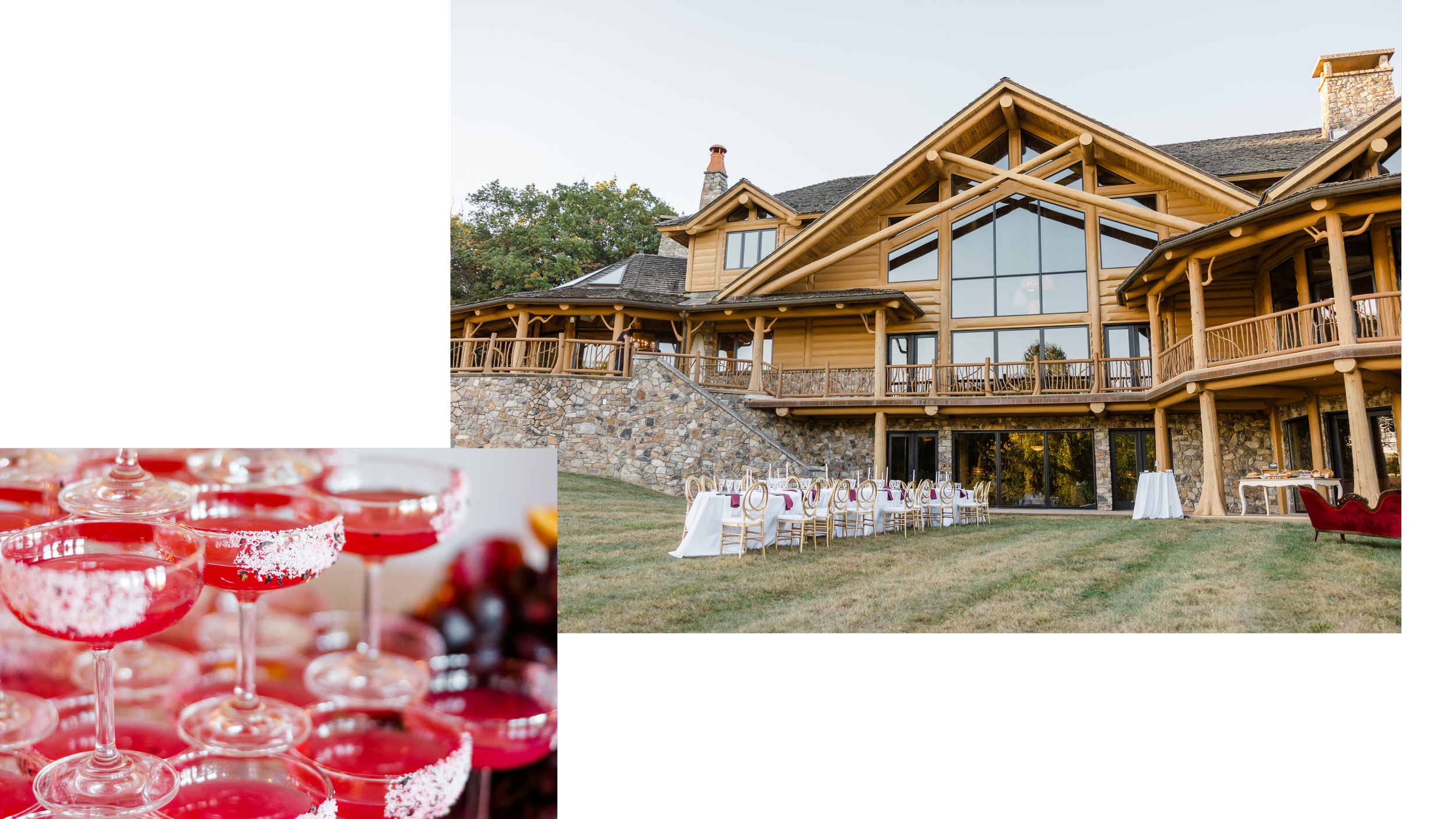 A large wooden house with a sloped roof, multiple chimneys, and extensive windows, set in a yard with a table and chairs for outdoor dining, decorated with a purple cloth, and a display of red desserts or drinks at woodmont manor