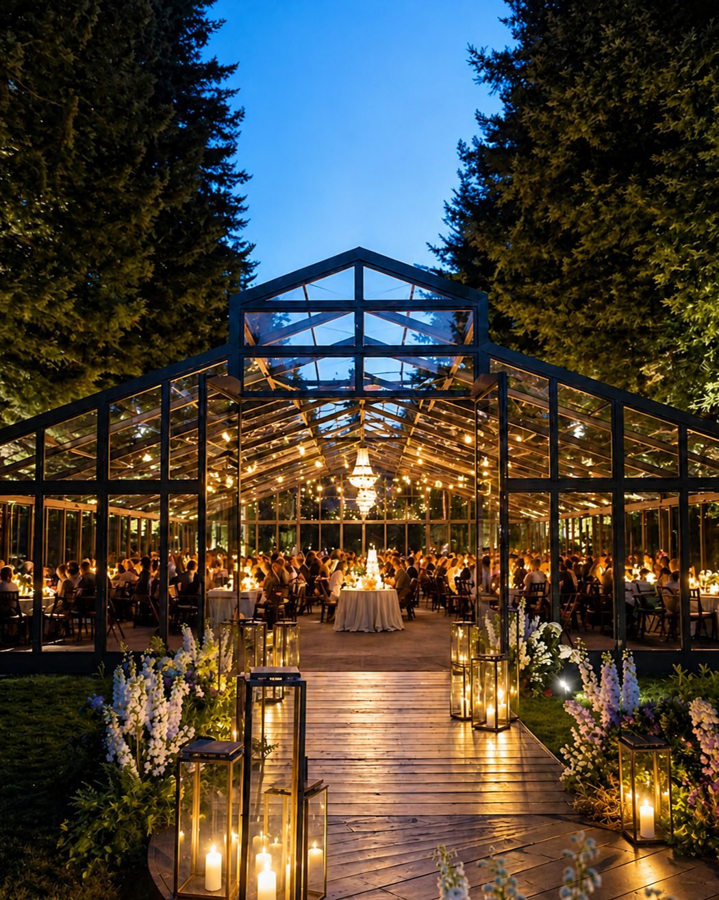A glass atrium wedding reception with guests seated at round tables, warm string lights and candles, and a chandelier hanging from the ceiling, set outdoors at dusk with trees on either side.