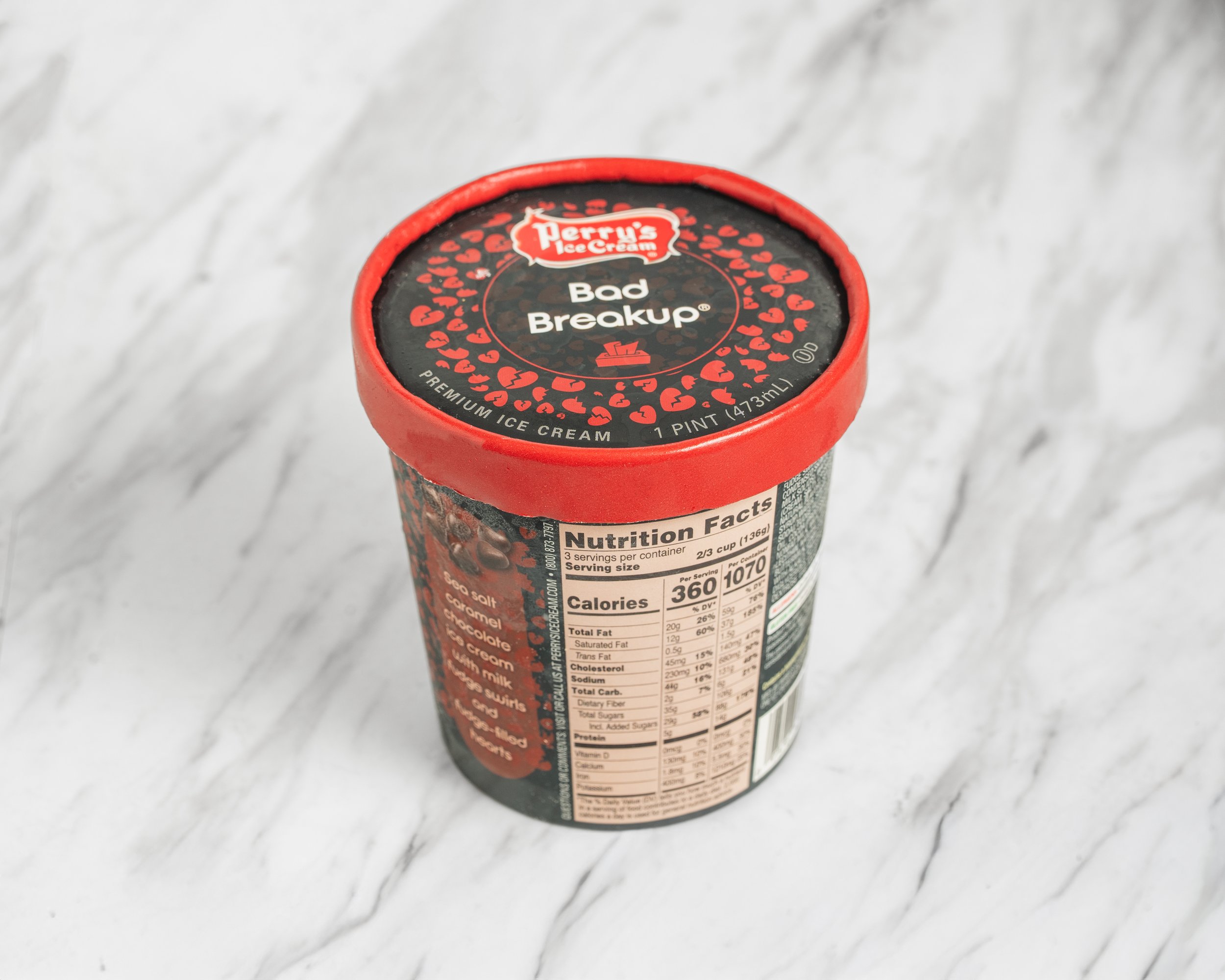 A pint container of Perry's Ice Cream flavor called 'Bad Breakup' ,  Best Ice Cream in Rochester NY