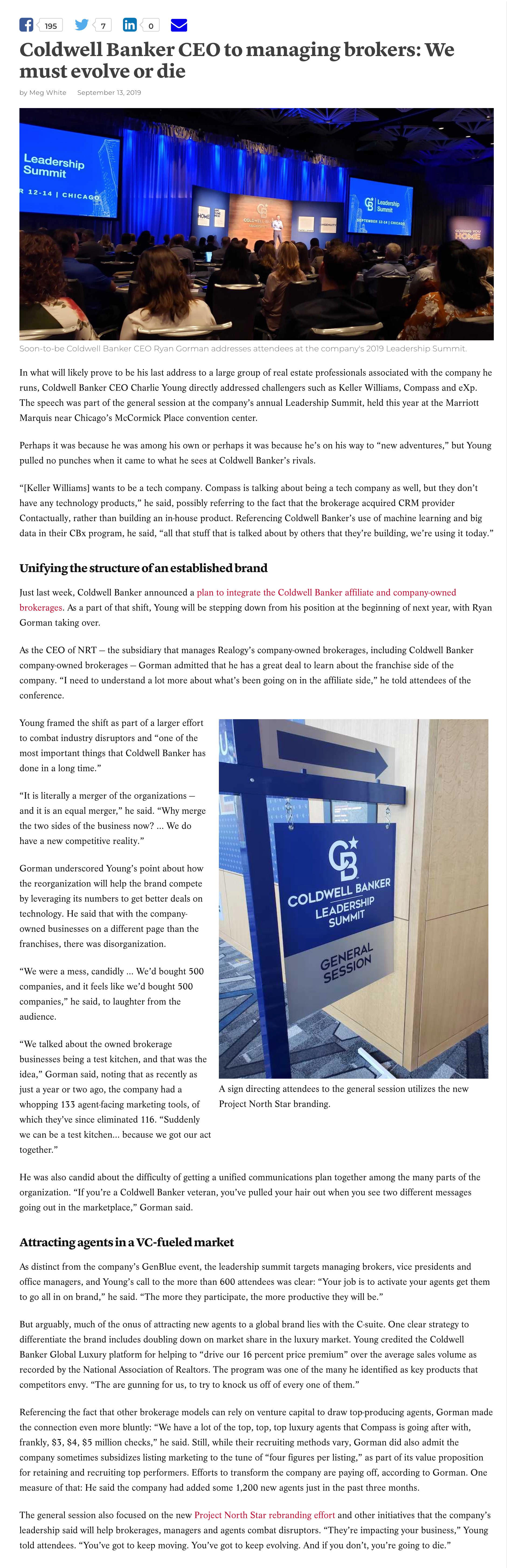 screenshot of an article produced from on-site reporting of a Coldwell Banker brokerage event