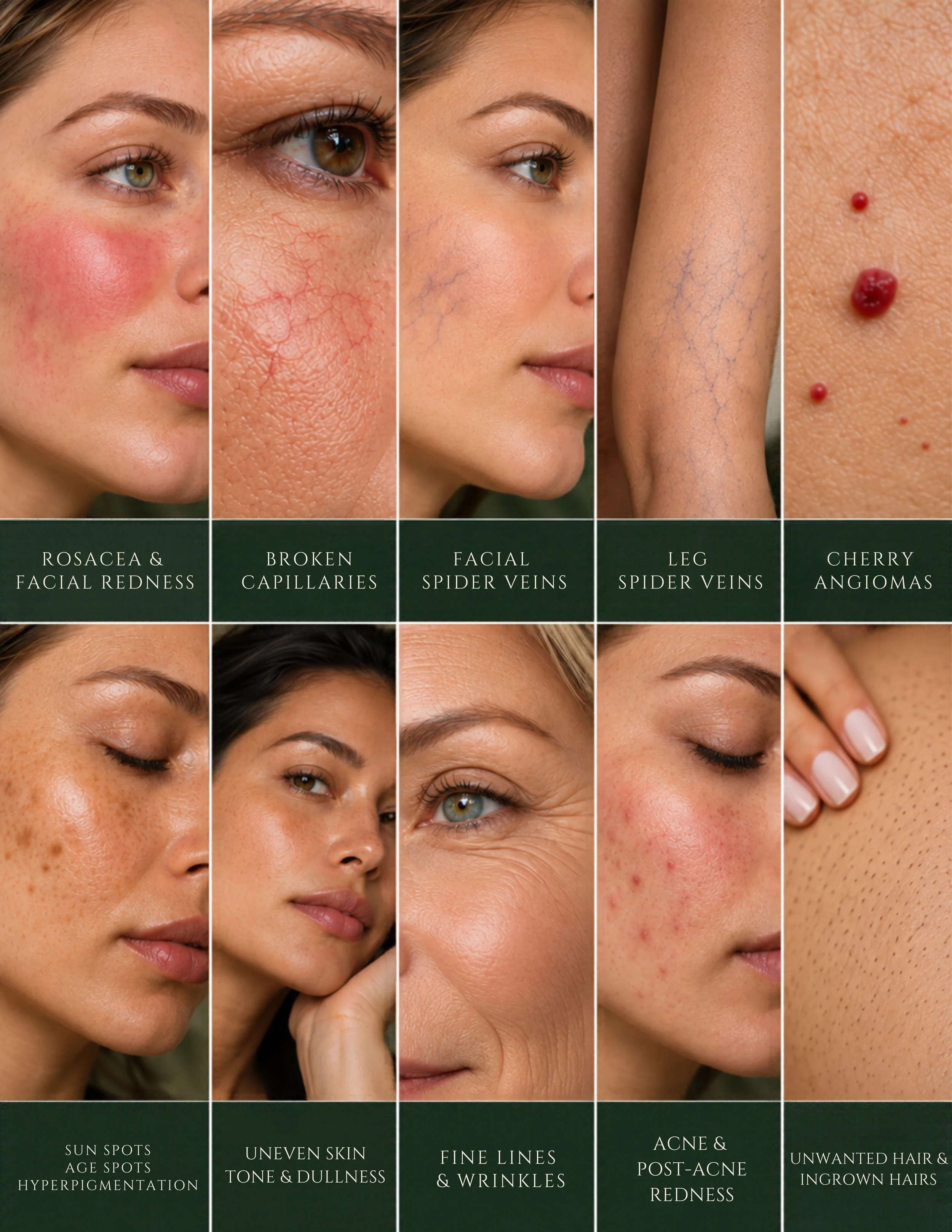 Collage of skin concerns treated with Alma Veil laser technology at NOIR 320 in Columbus, NE, including rosacea, facial redness, spider veins, broken capillaries, sun spots, acne, and fine lines.