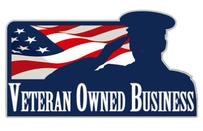 Silhouette of a soldier saluting with an American flag in the background, and the text 'Veteran Owned Business' at the bottom.