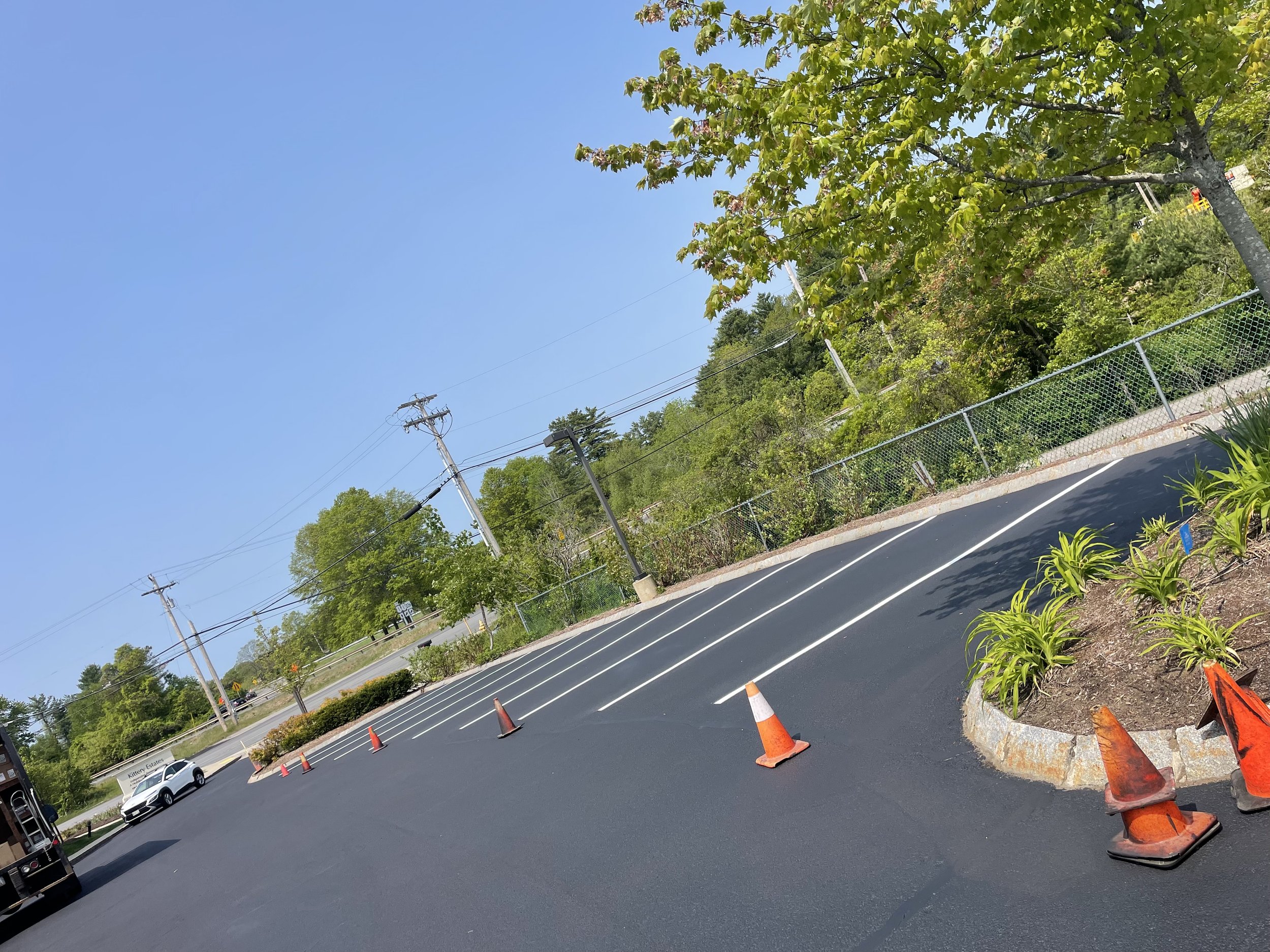 A freshly paved black parking lot with orange traffic cones arranged in a line, green plants on the right, a chain-link fence, trees, utility poles, and a clear blue sky in the background.