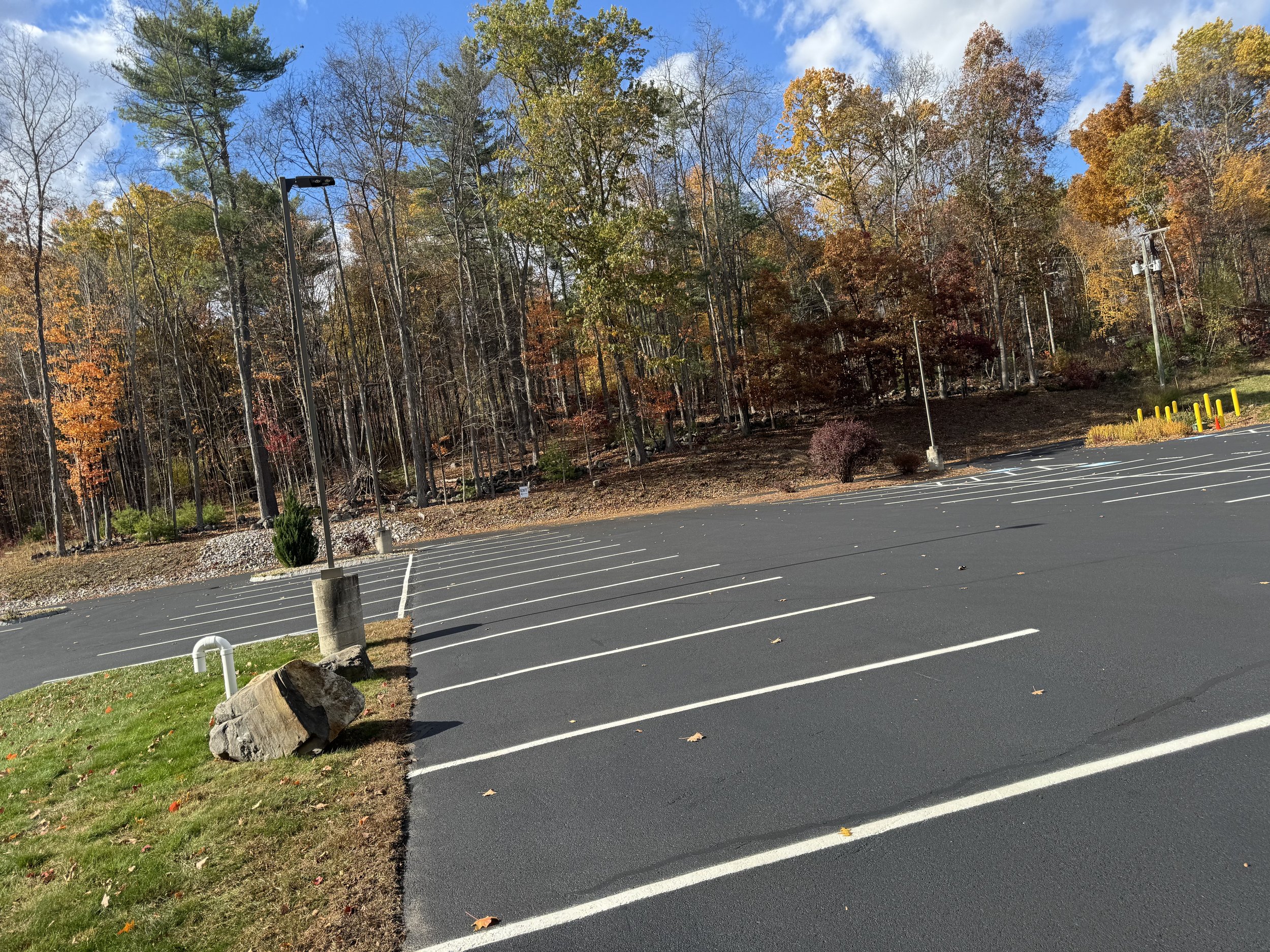 Empty parking lot with painted parking spaces, surrounded by trees with fall foliage, a few light poles, and barriers.