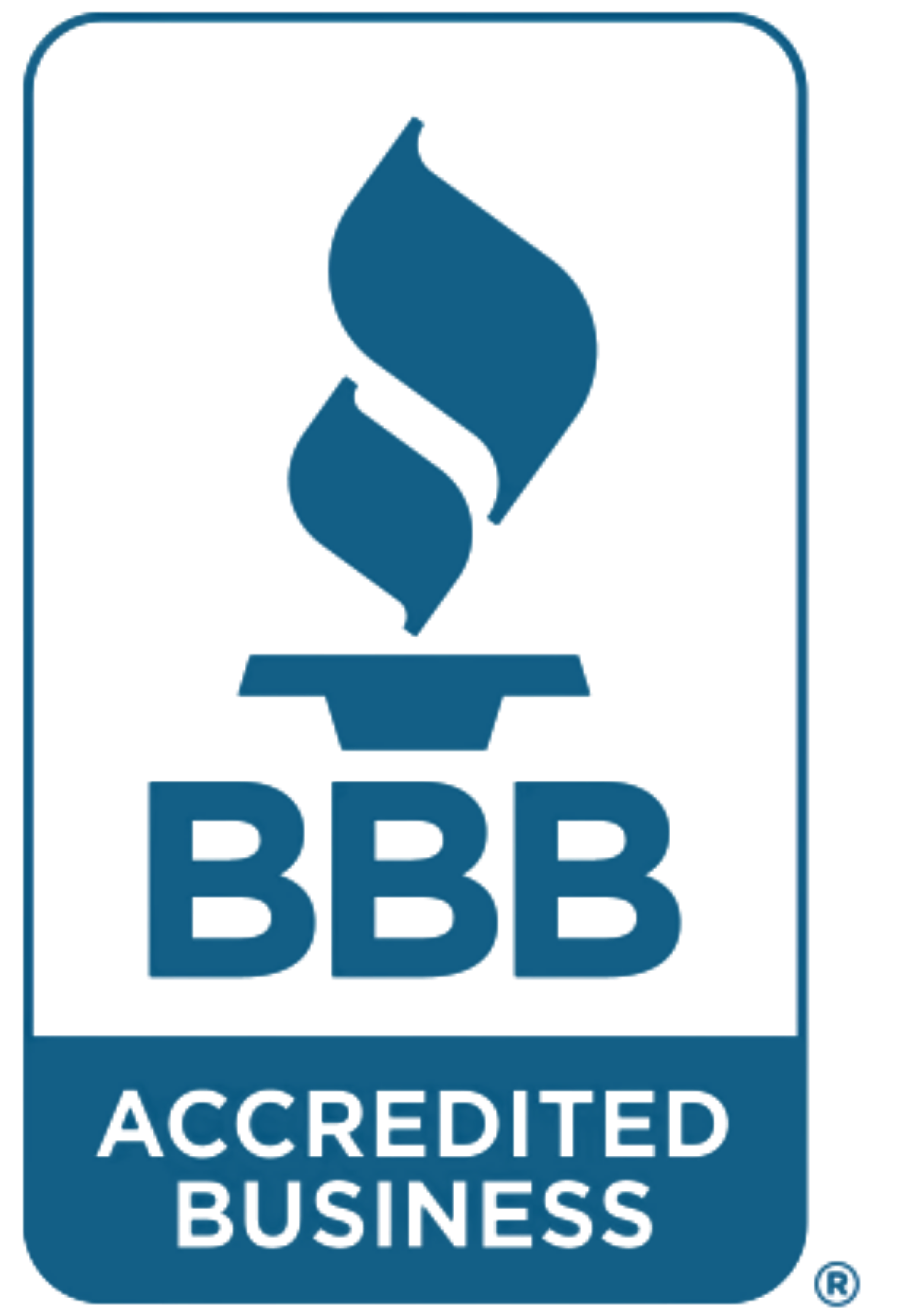 An illustration of a blue badge with a stylized speech bubble and three smaller speech bubbles, indicating communication or messaging. Text on the badge reads "BUSINESS," "ACCREDITED," "BBB" symbolizing their rating with the Better Business Bureau