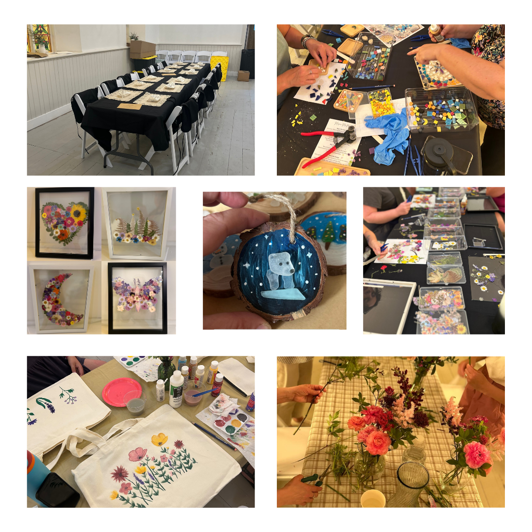 Collage of images showing arts and crafts activities. Top left: a decorated dining table with black tablecloths and place settings set for a group. Top right: people creating mosaic art with colorful tiles. Middle left: framed artwork of floral and moon designs made with flowers. Middle center: hand-painted wooden ornament with a bear design. Middle right: table with various flower art projects and materials. Bottom left: fabric tote bags with floral embroidery and paint supplies. Bottom right: people arranging pink and red flowers in vases.