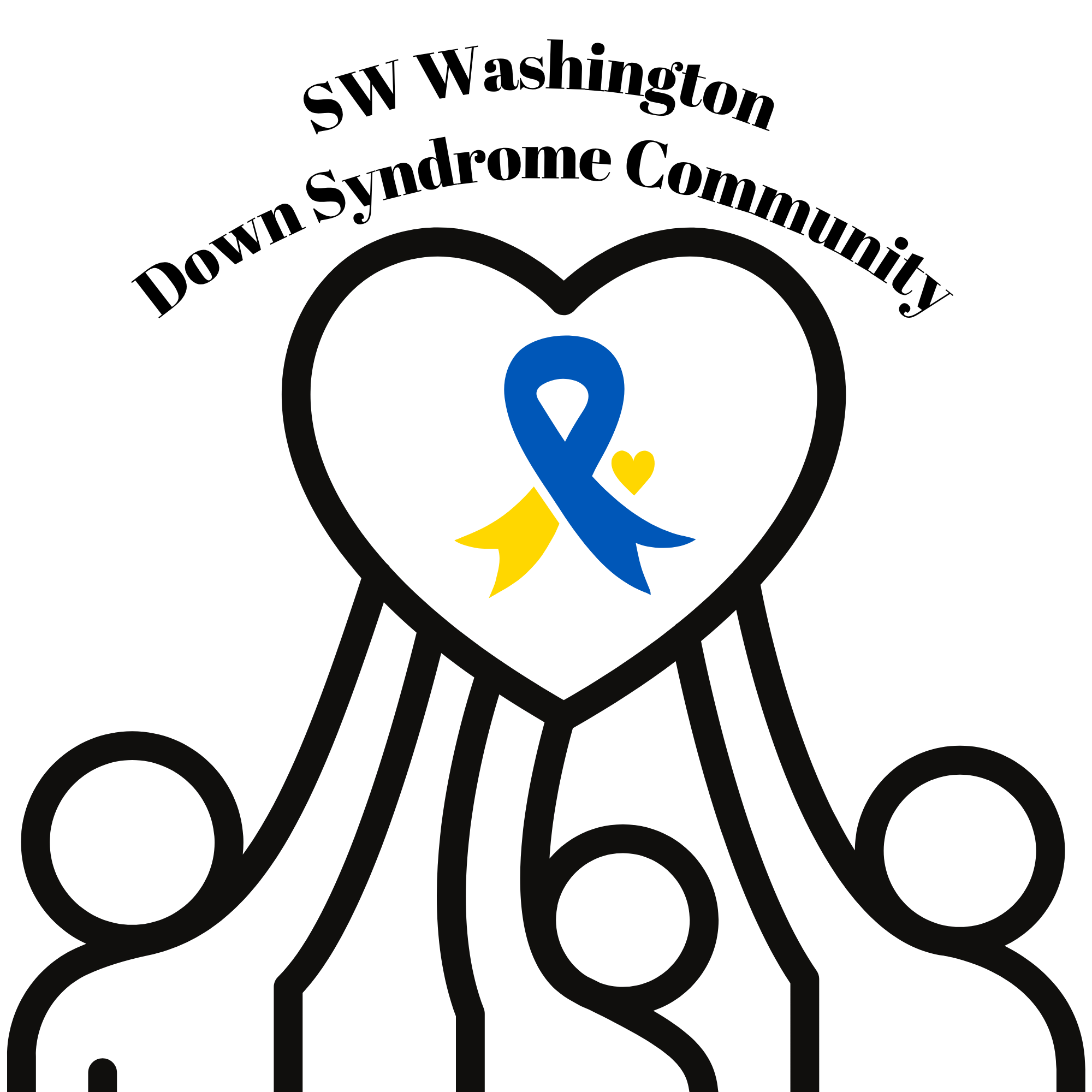 SW Washington Down Syndrome Community logo with three figures forming a heart and a blue and yellow Down Syndrome awareness ribbon inside.