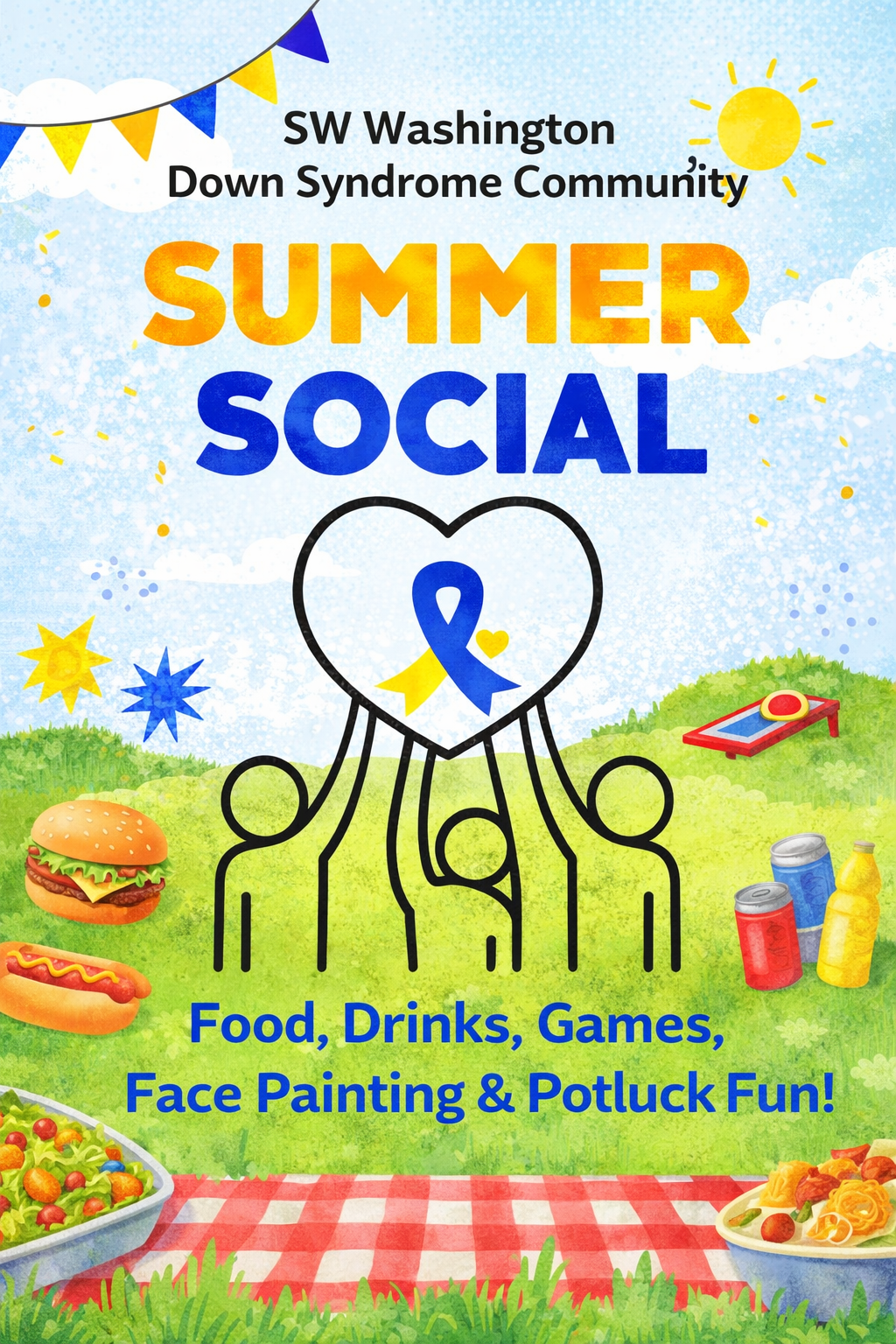 Colorful Summer Social event graphic for SW Washington Down Syndrome Community featuring picnic food, drinks, games, and a heart with a blue and yellow awareness ribbon on a grassy outdoor background.