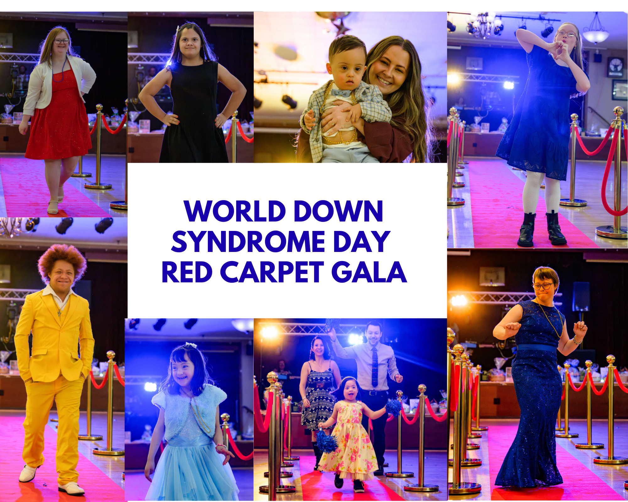Collage of individuals with Down syndrome and their families walking a red carpet at the World Down Syndrome Day Red Carpet Gala, smiling, posing, and celebrating under event lighting.