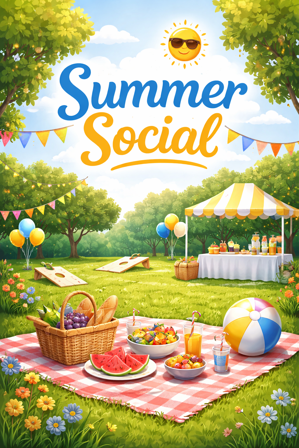 Colorful outdoor summer picnic scene with a checking tablecloth, bowls of fruit, watermelon slices, a basket of grapes, juice, and an inflatable beach ball, set in a grassy park with trees, balloons, banners, and a refreshment stand under a bright sun with sunglasses.