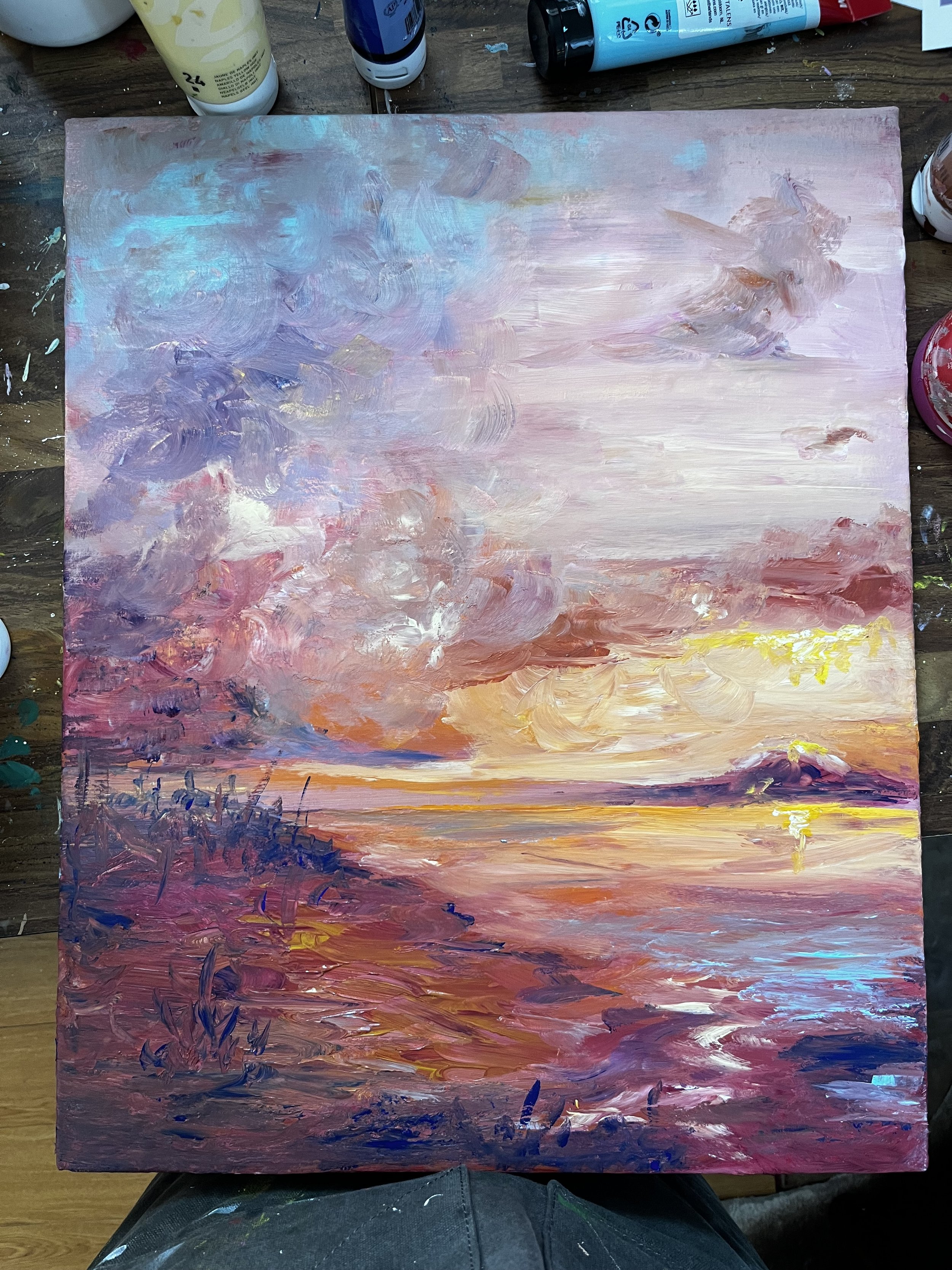 Vibrant Warm Horizon Abstract Landscape Painting