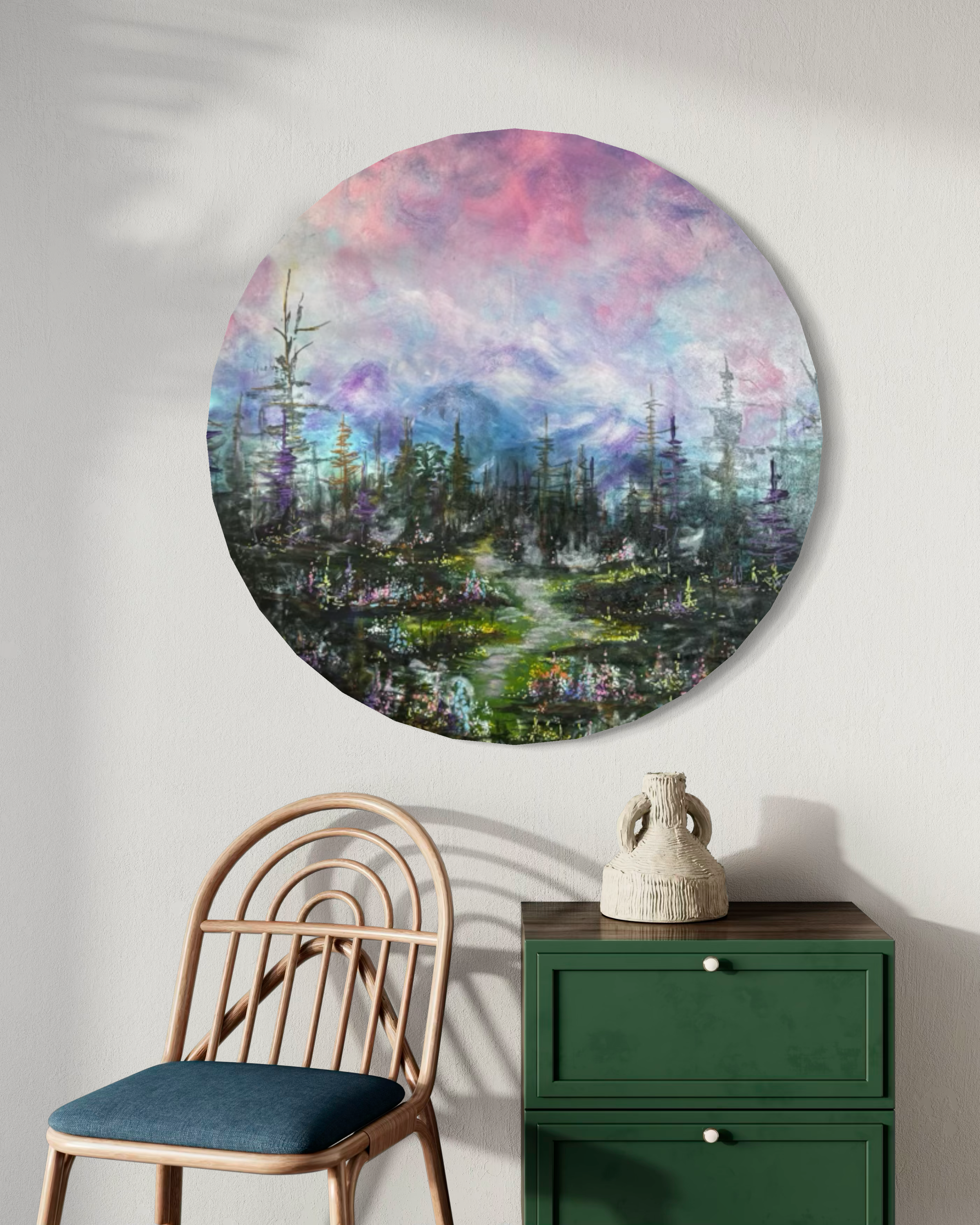 Springtime in the Mountains, 2024, acrylic on wood board, 36
