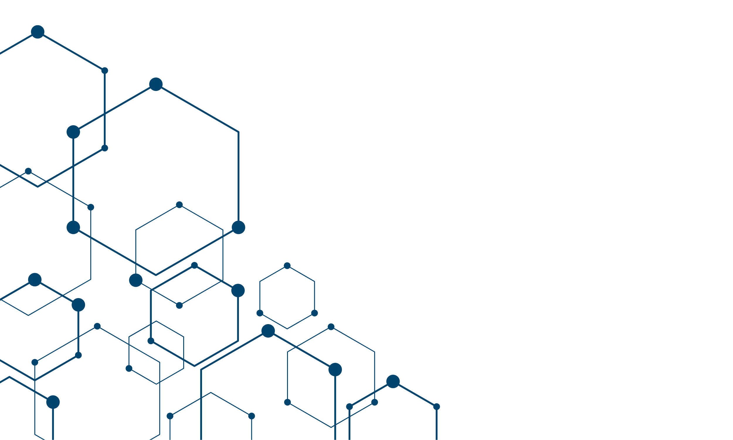Abstract digital network with interconnected blue hexagons and circles.