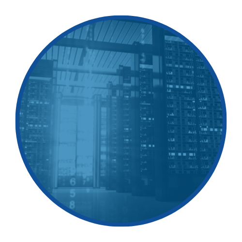 Server racks in a data center with blue lighting