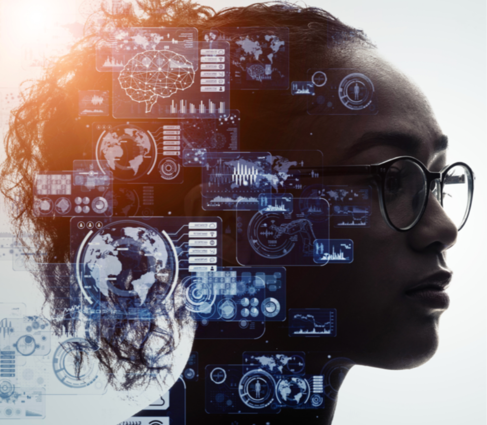 Profile of a woman with glasses, surrounded by digital data and global graphics, representing technology and information analysis.