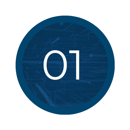 Digital graphic with a dark blue circular background featuring futuristic circuit and line patterns, displaying the number '01' in white in the center.