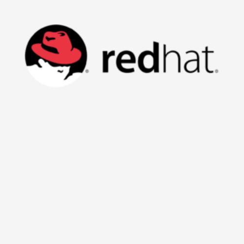 Red Hat logo with a black and red fedora hat icon and the words 'red hat' in black text.