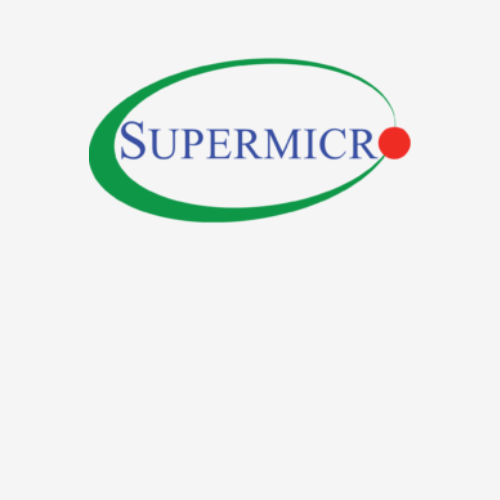 Supermicro logo with green and blue text and a red dot around an elliptical shape.