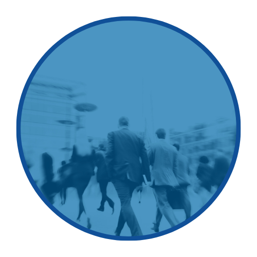 People walking in a city street, seen through a blue-tinted circular overlay.