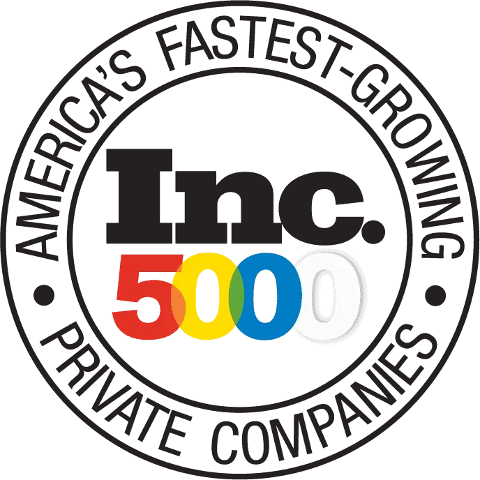 A circular logo with the text "Americas Fastest-Growing Private Companies" around the border. In the center, it says "Inc." in black, and below that, the number "500" with each digit in different colors: red, yellow, blue, and white.
